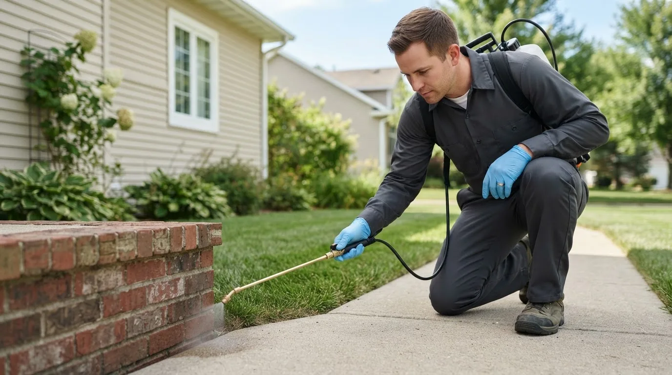 Pest control technician treating a home near Bigelow, MN